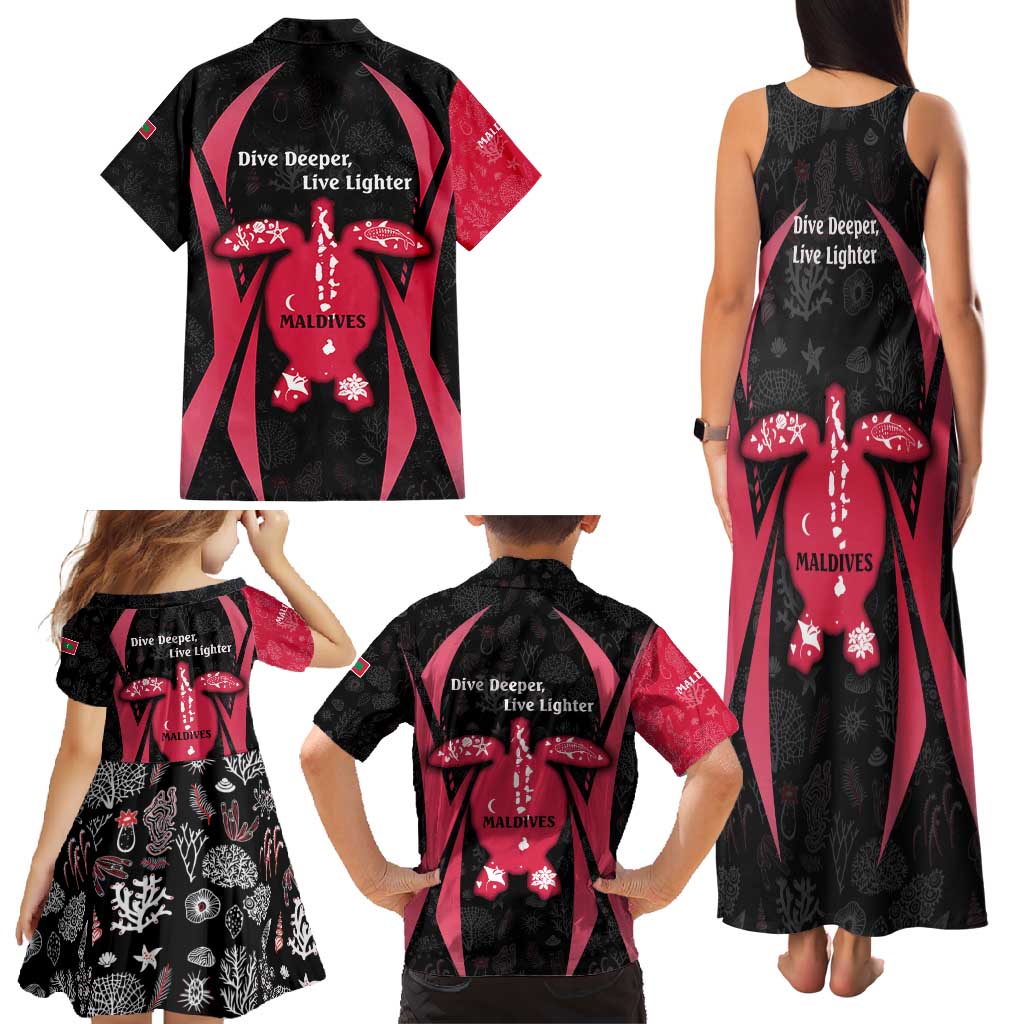 Maldives Dive Turtle Family Matching Tank Maxi Dress and Hawaiian Shirt with Coral Reef Pattern and Island Spirit Slogan