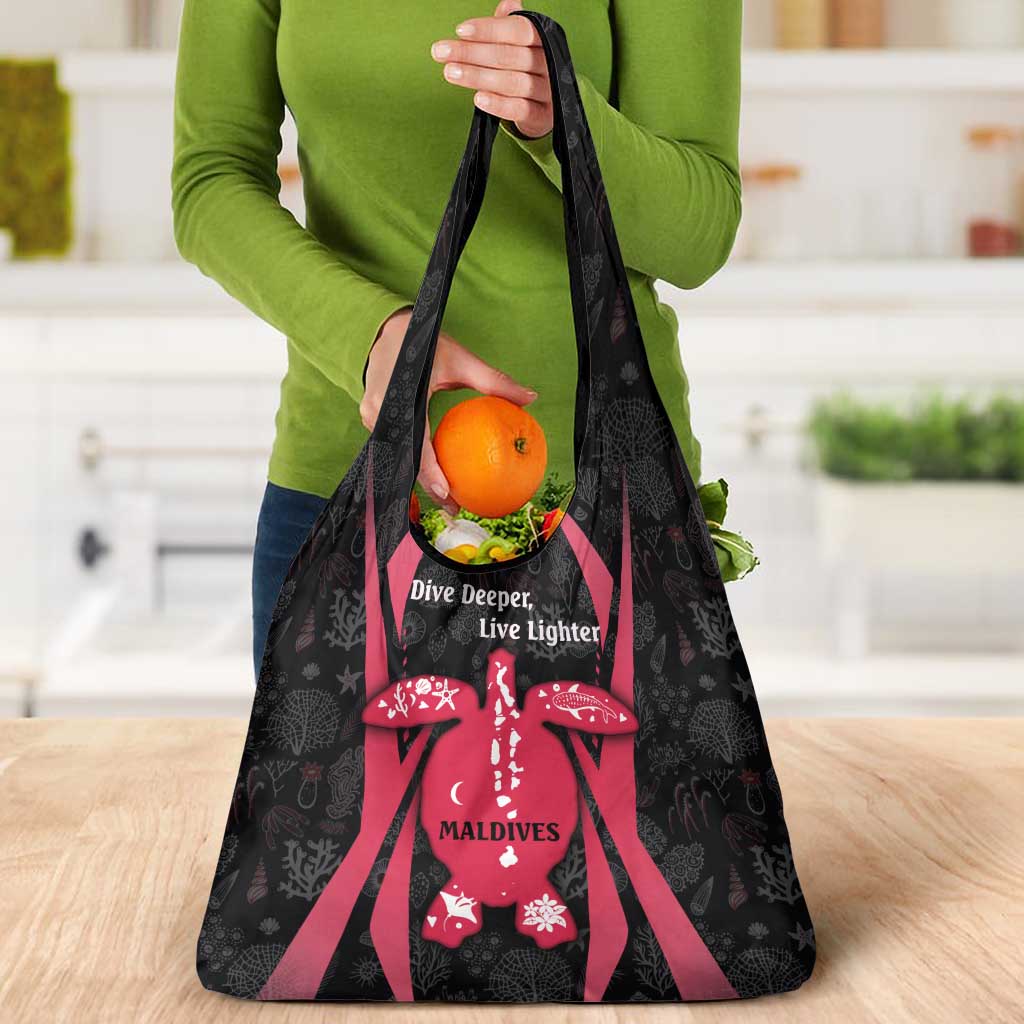 Maldives Dive Turtle Grocery Bag with Coral Reef Pattern and Island Spirit Slogan