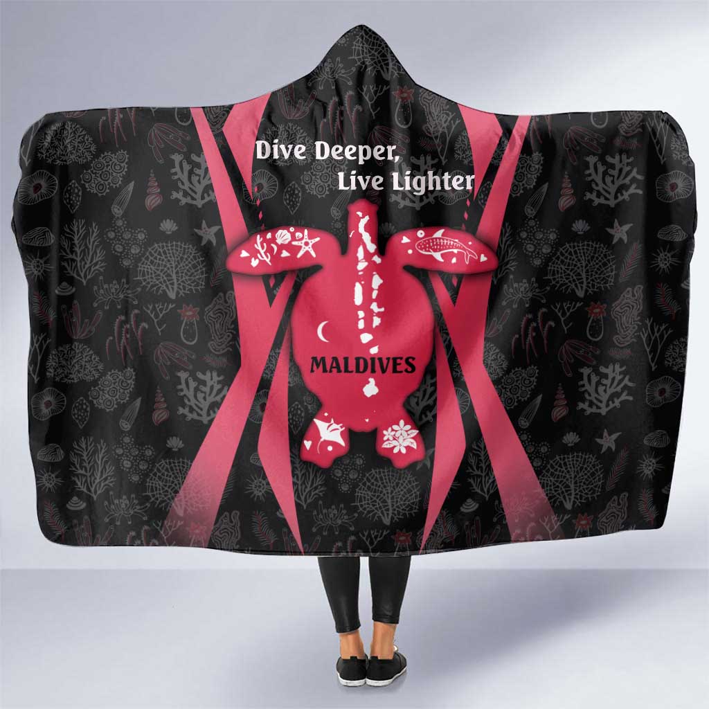 Maldives Dive Turtle Hooded Blanket with Coral Reef Pattern and Island Spirit Slogan