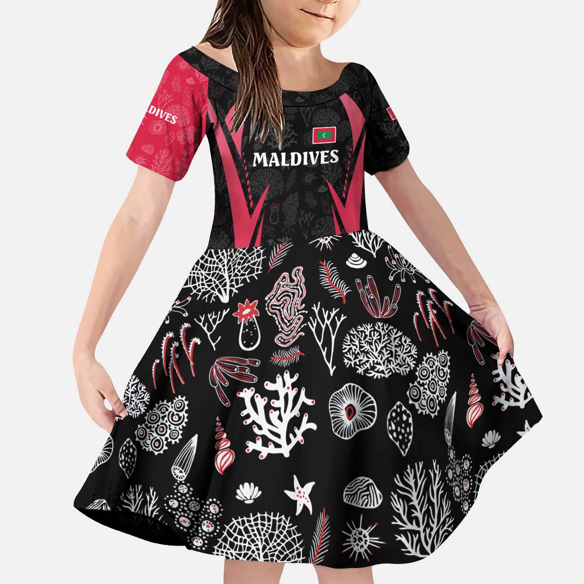 Maldives Dive Turtle Kid Short Sleeve Dress with Coral Reef Pattern and Island Spirit Slogan