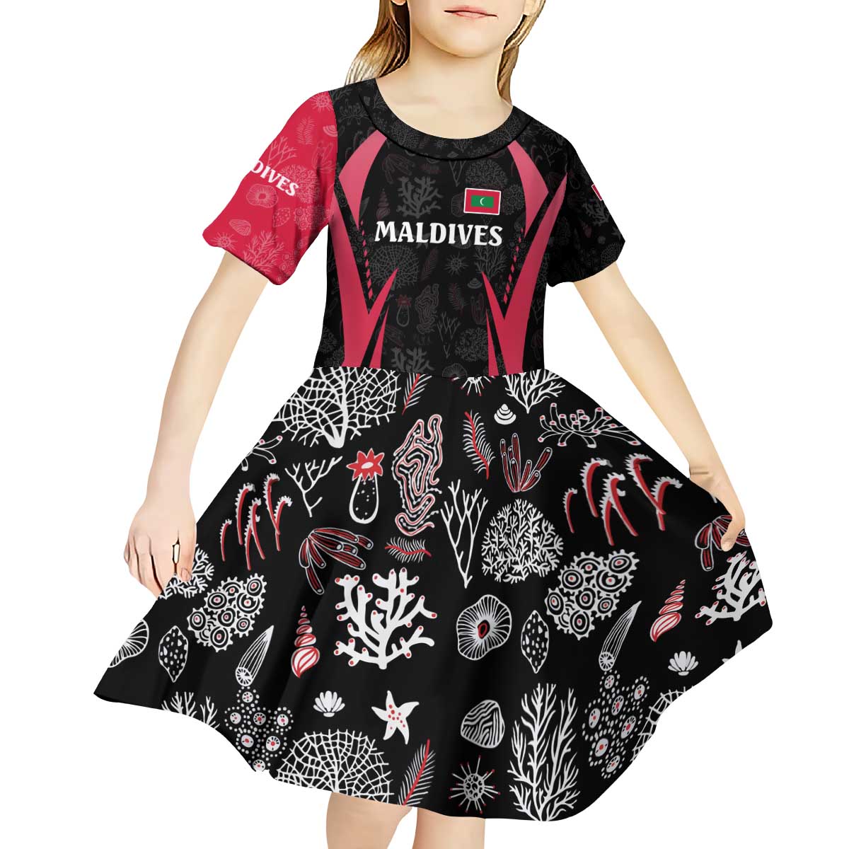 Maldives Dive Turtle Kid Short Sleeve Dress with Coral Reef Pattern and Island Spirit Slogan