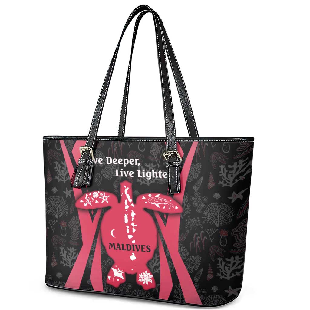 Maldives Dive Turtle Leather Tote Bag with Coral Reef Pattern and Island Spirit Slogan