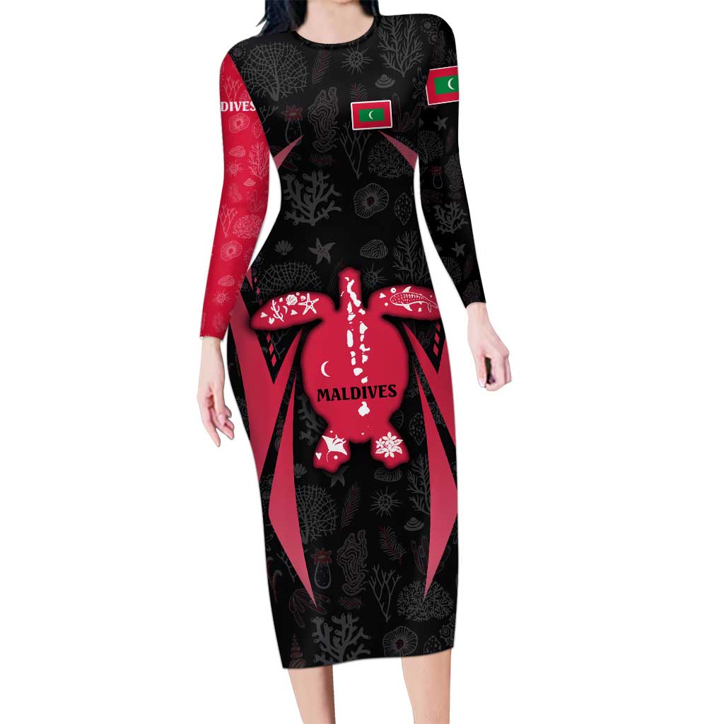 Maldives Dive Turtle Long Sleeve Bodycon Dress with Coral Reef Pattern and Island Spirit Slogan