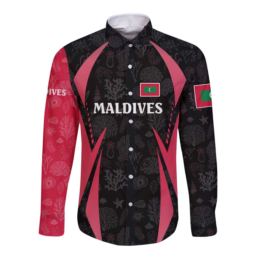 Maldives Dive Turtle Long Sleeve Button Shirt with Coral Reef Pattern and Island Spirit Slogan
