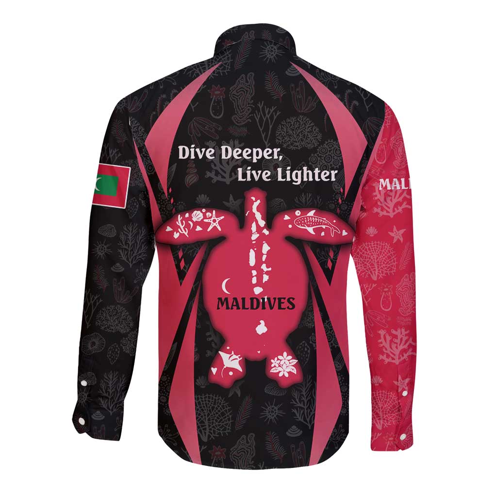 Maldives Dive Turtle Long Sleeve Button Shirt with Coral Reef Pattern and Island Spirit Slogan