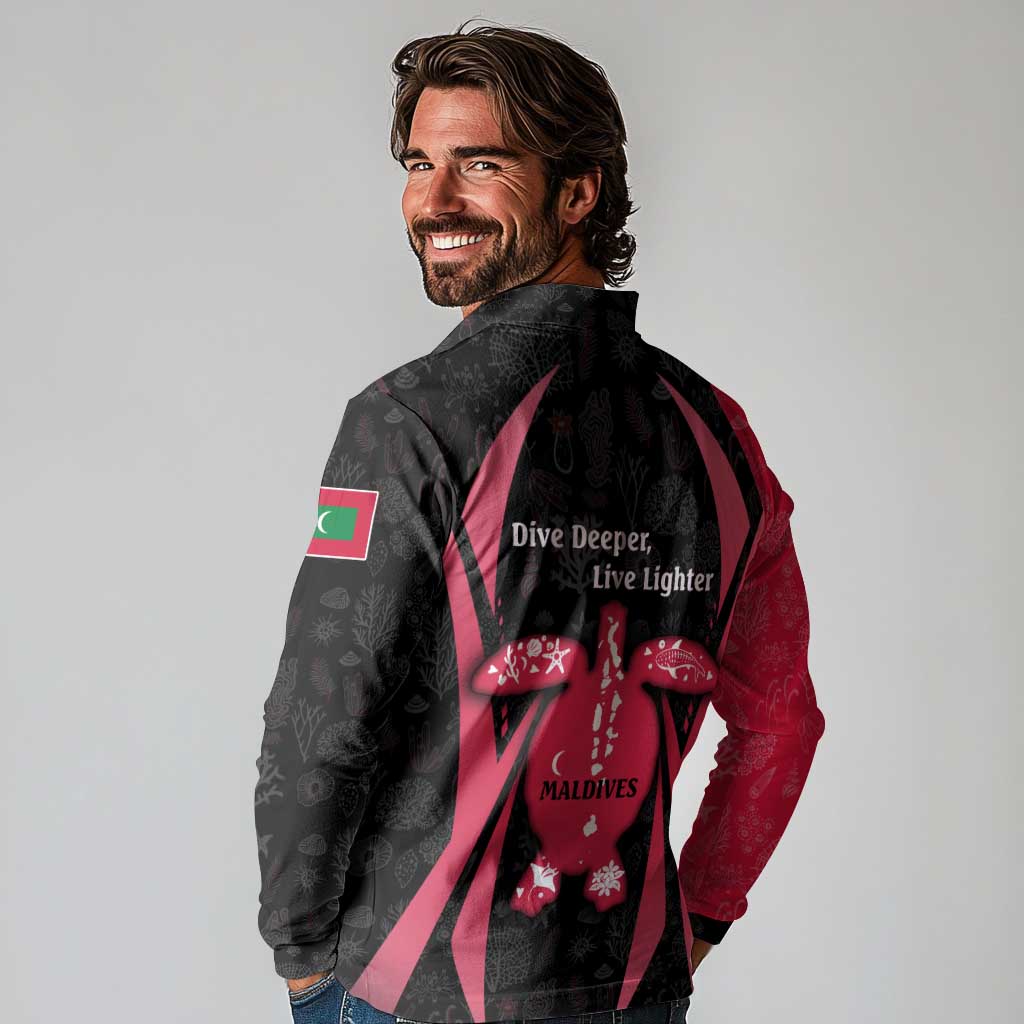 Maldives Dive Turtle Long Sleeve Polo Shirt with Coral Reef Pattern and Island Spirit Slogan