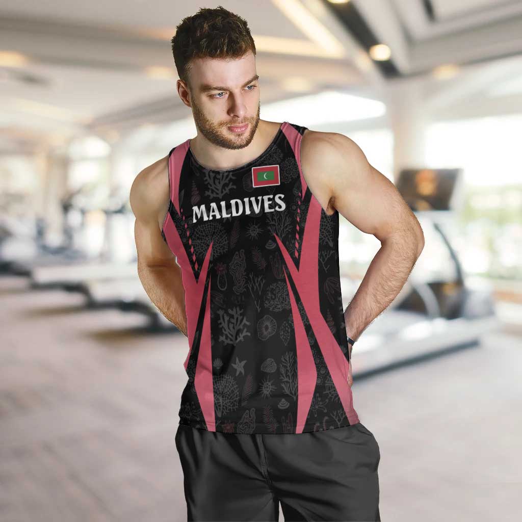 Maldives Dive Turtle Men Tank Top with Coral Reef Pattern and Island Spirit Slogan