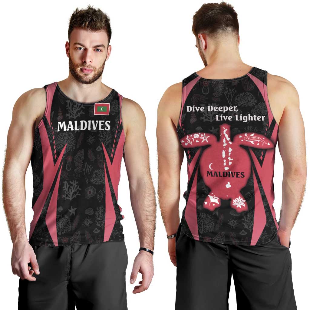 Maldives Dive Turtle Men Tank Top with Coral Reef Pattern and Island Spirit Slogan