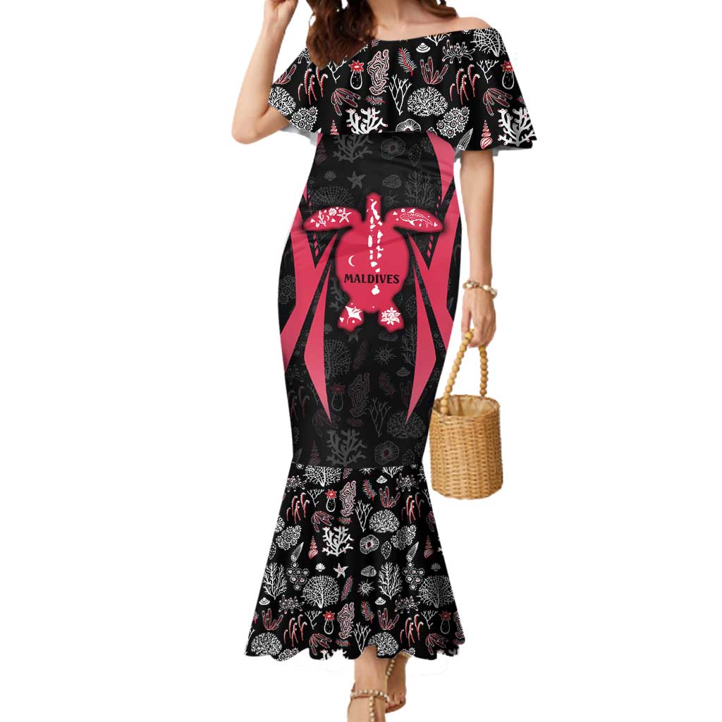 Maldives Dive Turtle Mermaid Dress with Coral Reef Pattern and Island Spirit Slogan