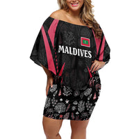 Maldives Dive Turtle Off Shoulder Short Dress with Coral Reef Pattern and Island Spirit Slogan