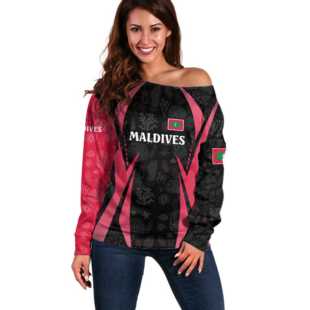 Maldives Dive Turtle Off Shoulder Sweater with Coral Reef Pattern and Island Spirit Slogan