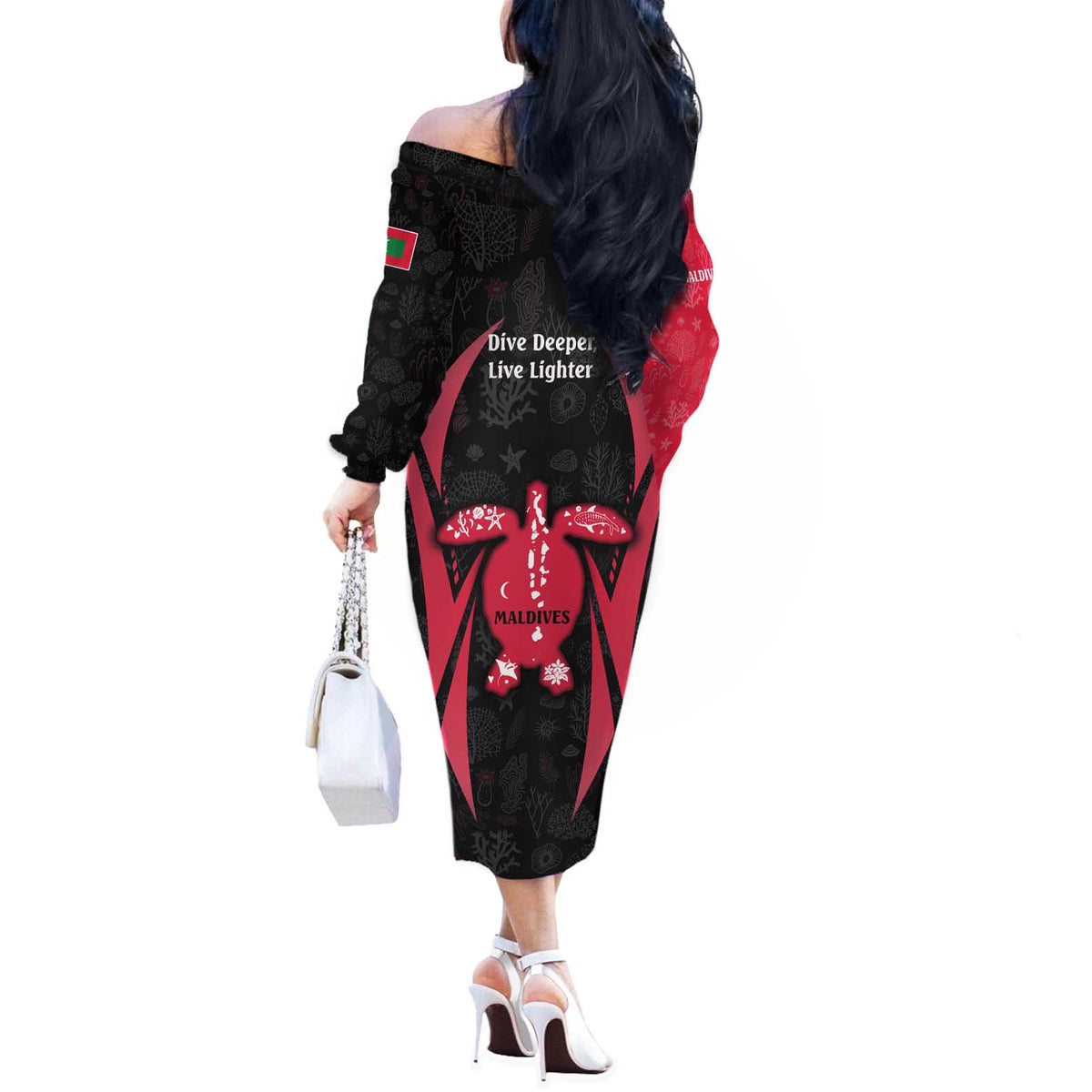Maldives Dive Turtle Off The Shoulder Long Sleeve Dress with Coral Reef Pattern and Island Spirit Slogan