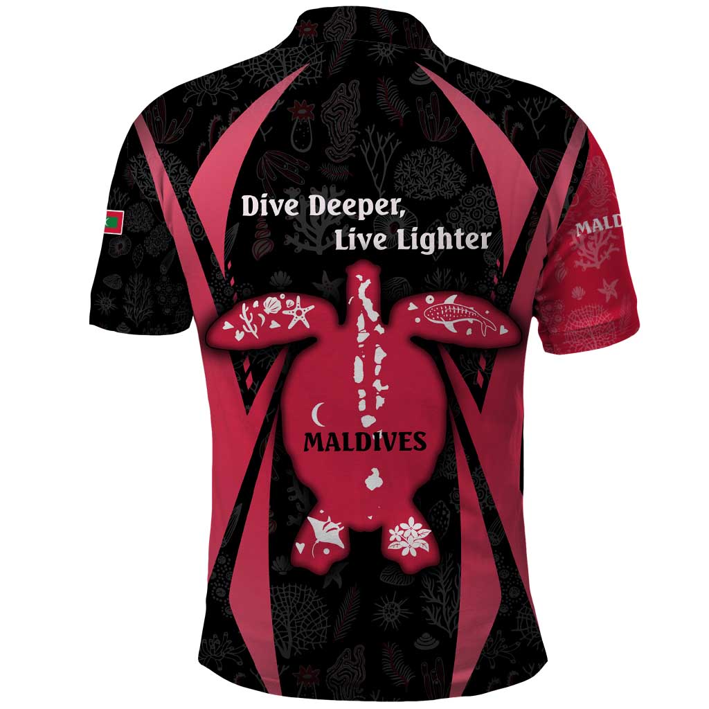 Maldives Dive Turtle Polo Shirt with Coral Reef Pattern and Island Spirit Slogan