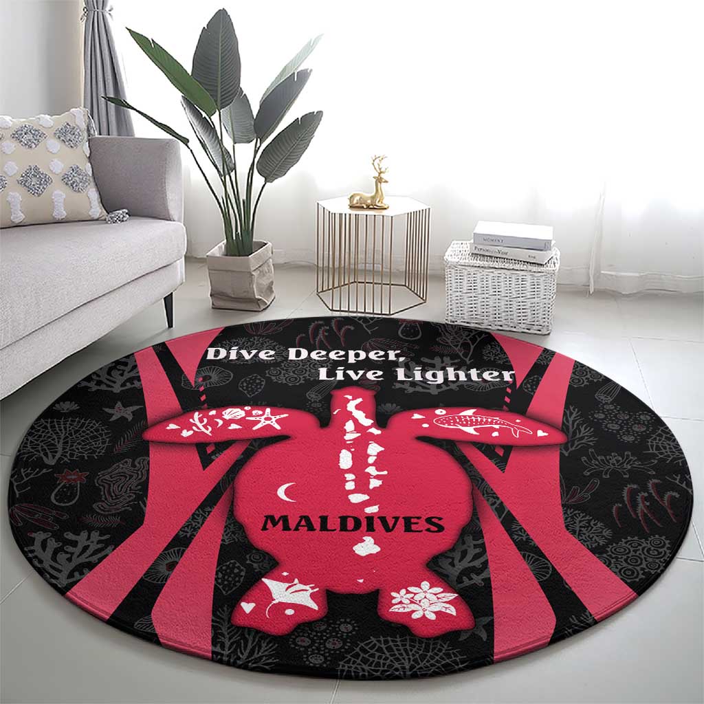 Maldives Dive Turtle Round Carpet with Coral Reef Pattern and Island Spirit Slogan