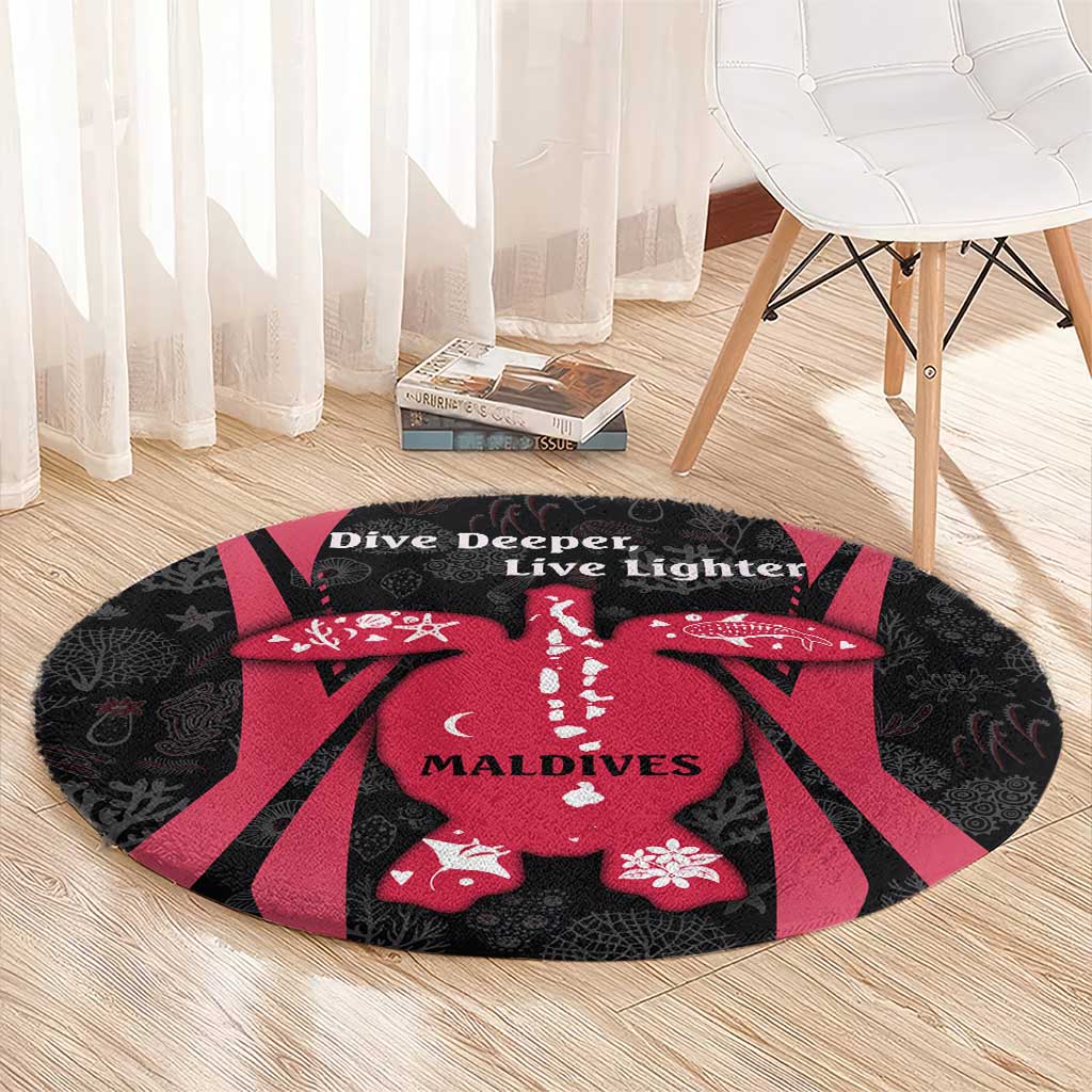 Maldives Dive Turtle Round Carpet with Coral Reef Pattern and Island Spirit Slogan