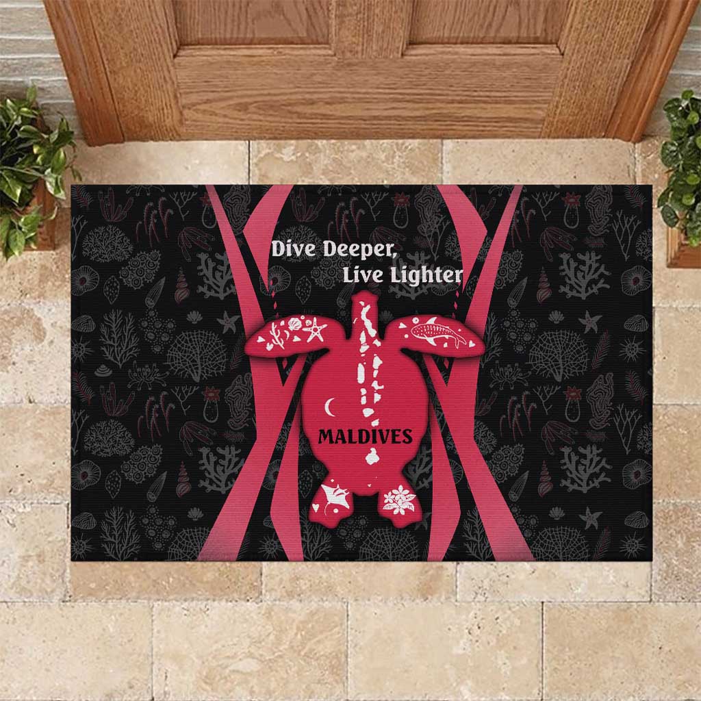 Maldives Dive Turtle Rubber Doormat with Coral Reef Pattern and Island Spirit Slogan