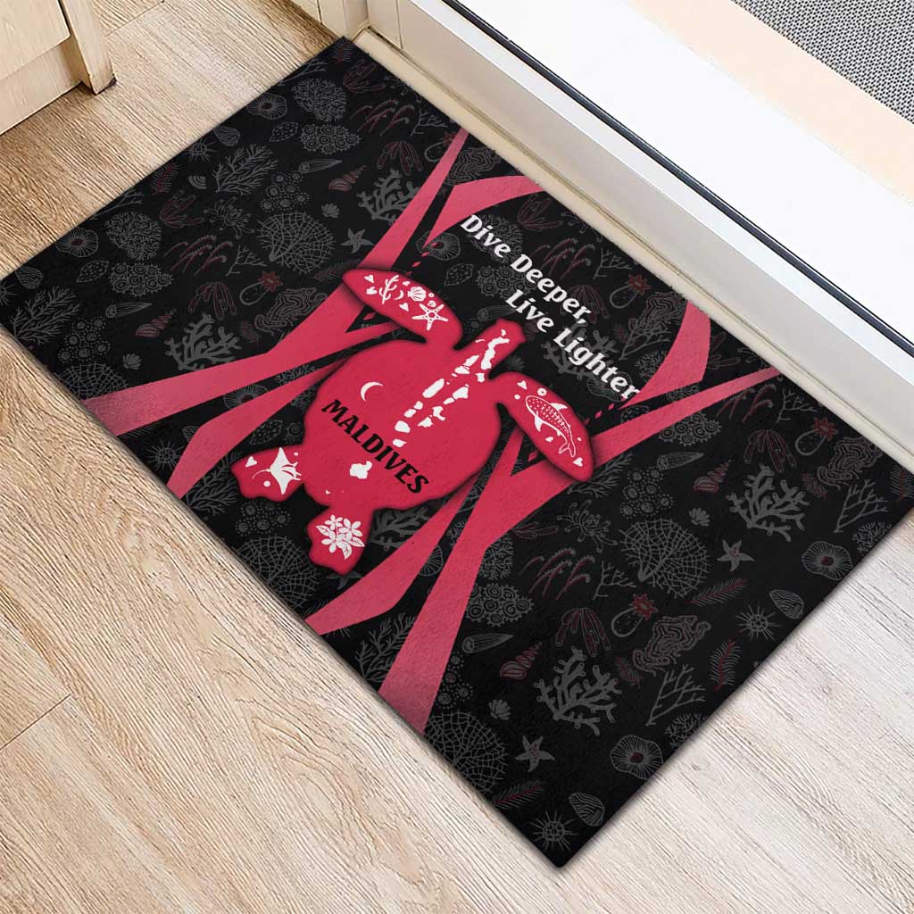 Maldives Dive Turtle Rubber Doormat with Coral Reef Pattern and Island Spirit Slogan