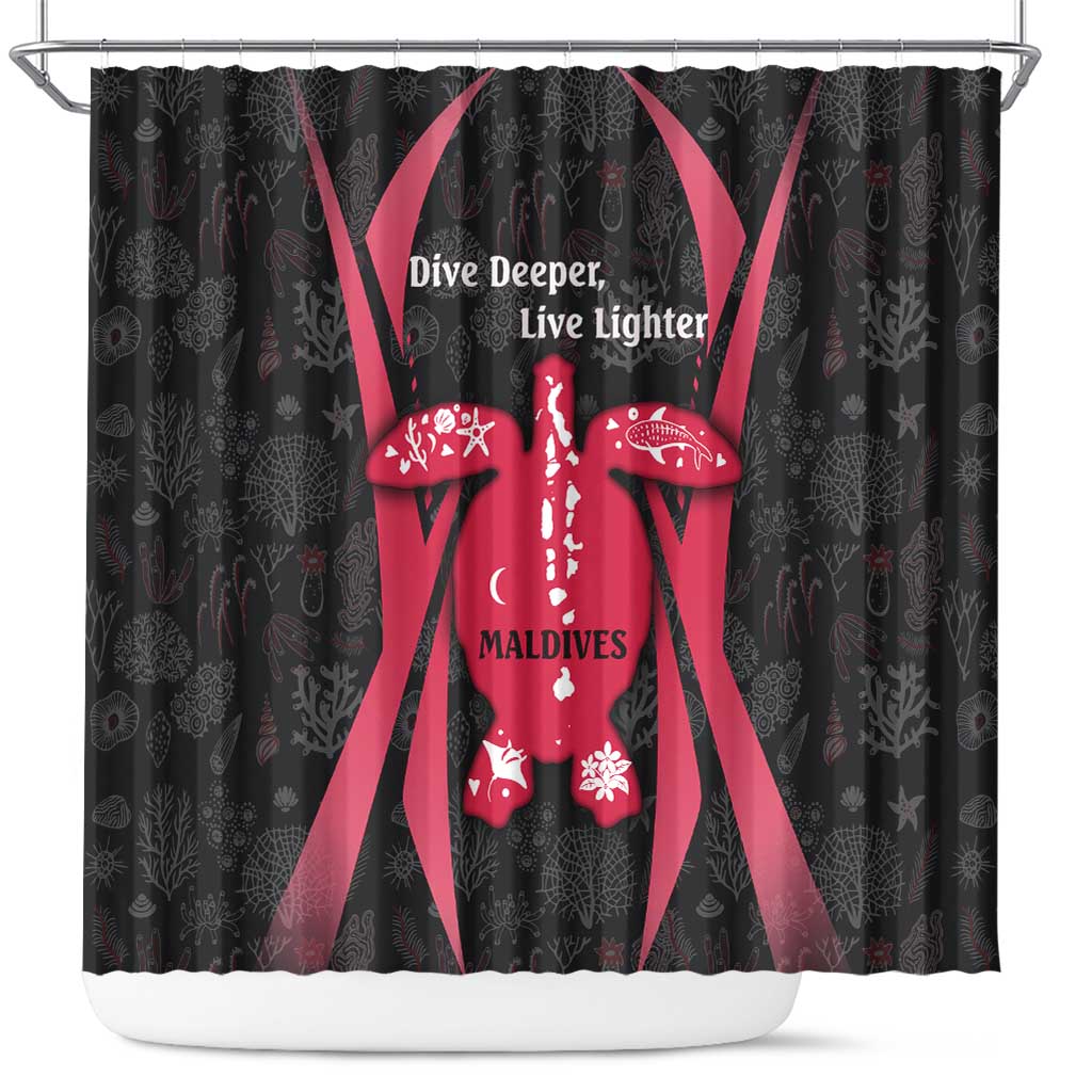 Maldives Dive Turtle Shower Curtain with Coral Reef Pattern and Island Spirit Slogan