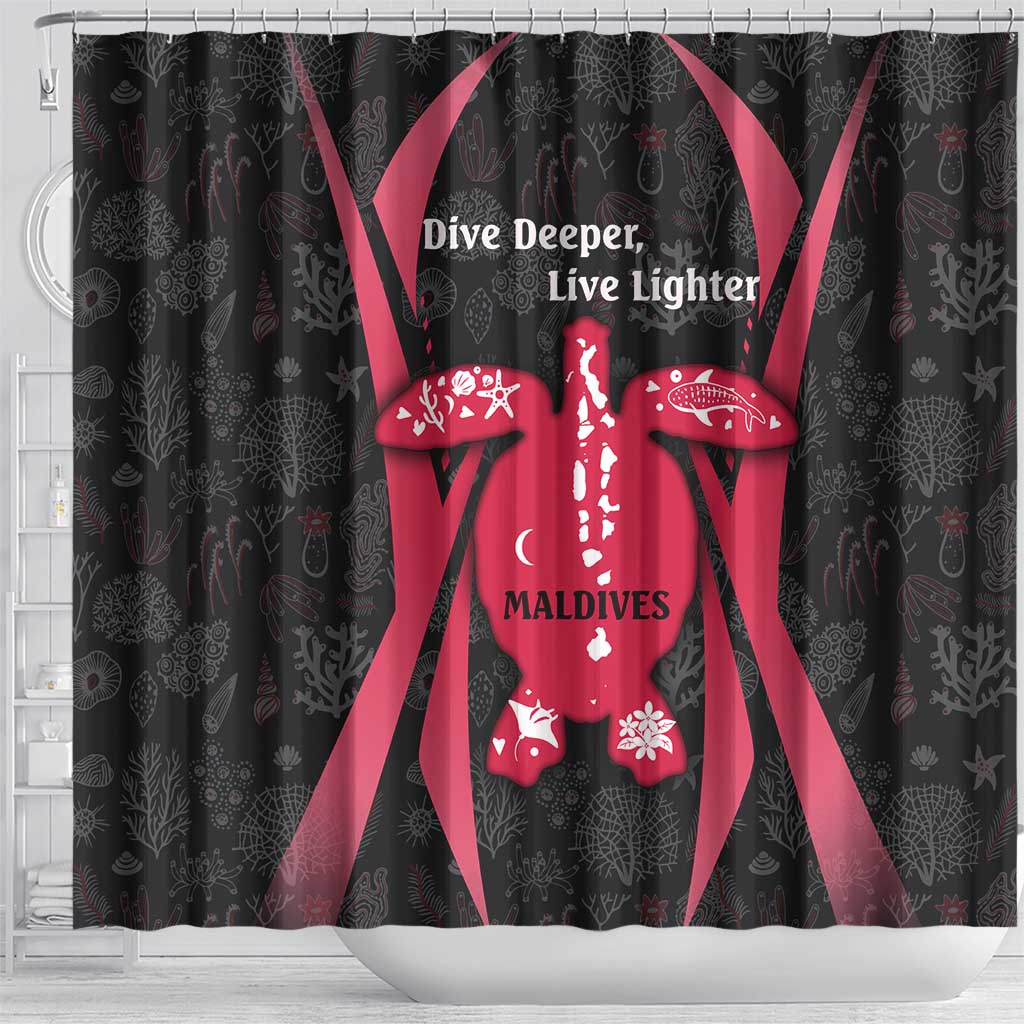 Maldives Dive Turtle Shower Curtain with Coral Reef Pattern and Island Spirit Slogan