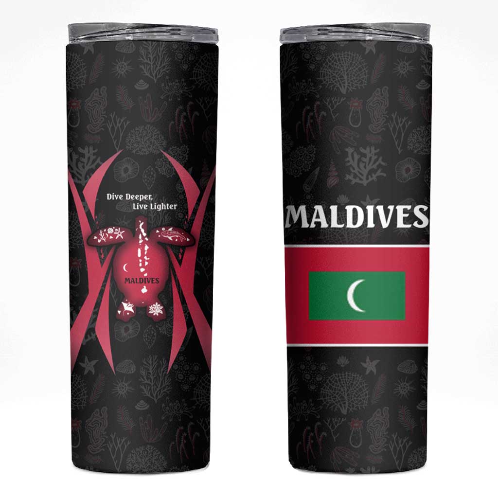 Maldives Dive Turtle Skinny Tumbler with Coral Reef Pattern and Island Spirit Slogan