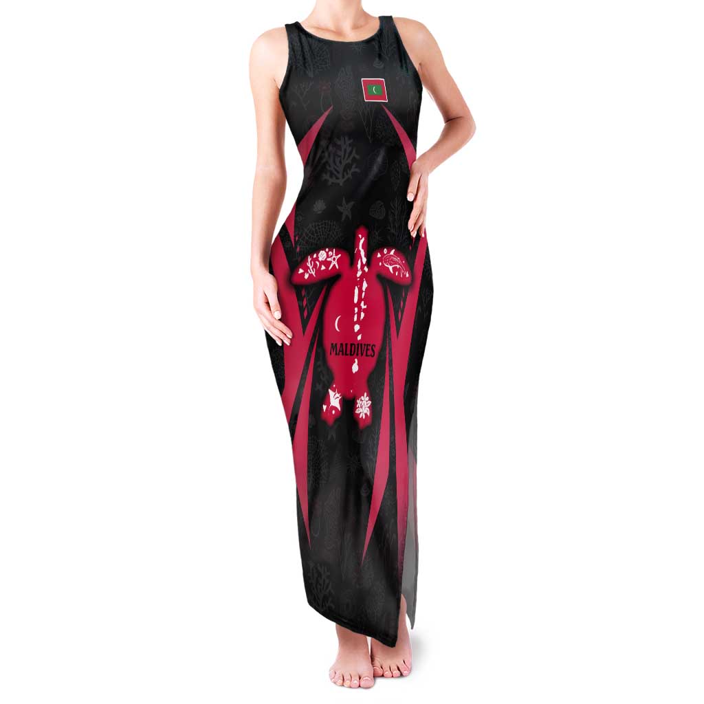Maldives Dive Turtle Tank Maxi Dress with Coral Reef Pattern and Island Spirit Slogan