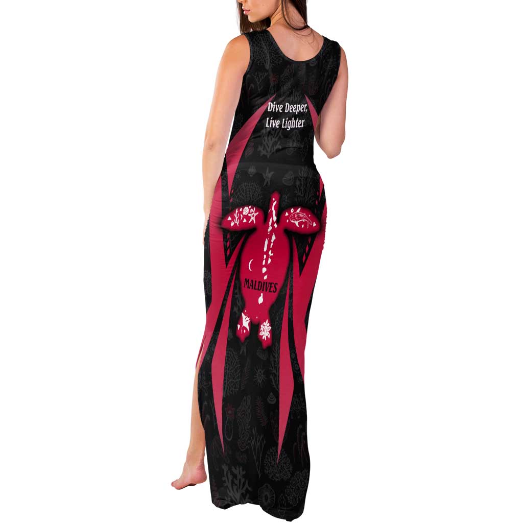 Maldives Dive Turtle Tank Maxi Dress with Coral Reef Pattern and Island Spirit Slogan