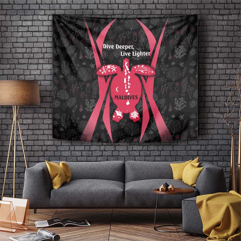 Maldives Dive Turtle Tapestry with Coral Reef Pattern and Island Spirit Slogan