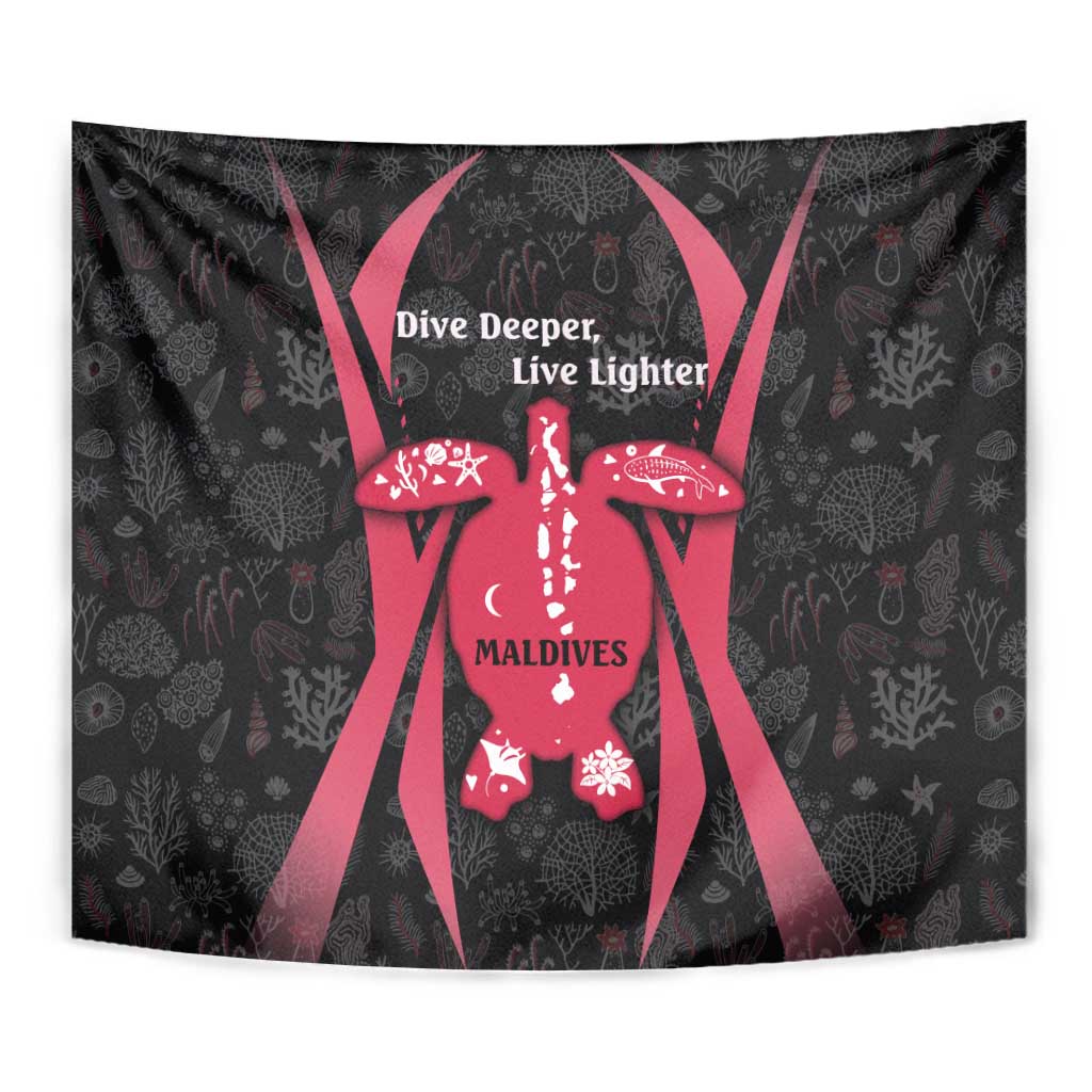 Maldives Dive Turtle Tapestry with Coral Reef Pattern and Island Spirit Slogan
