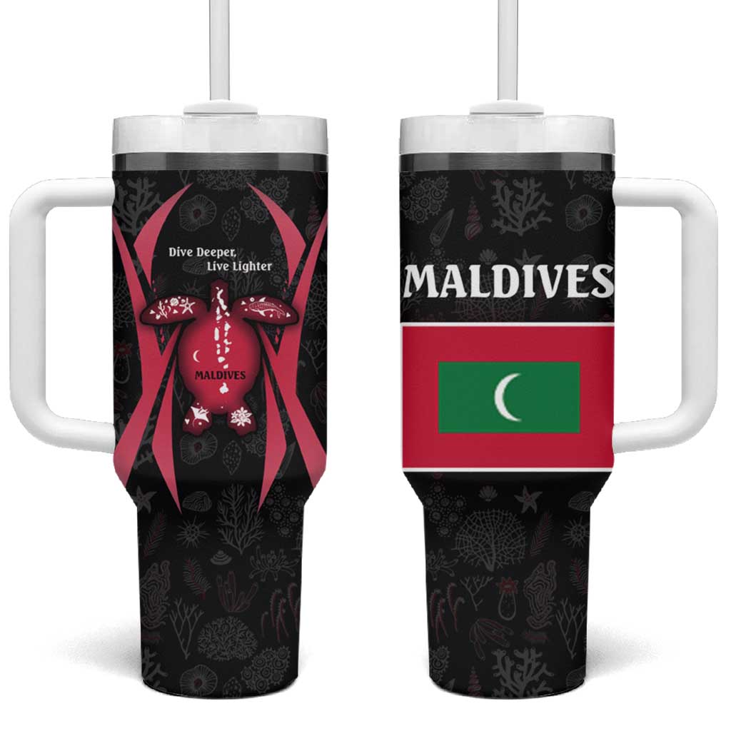 Maldives Dive Turtle Tumbler With Handle with Coral Reef Pattern and Island Spirit Slogan