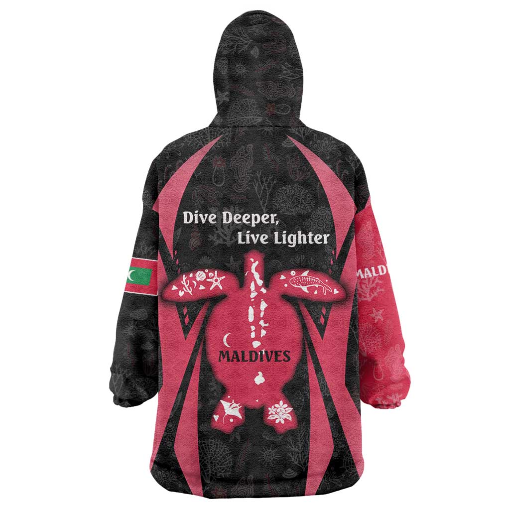Maldives Dive Turtle Wearable Blanket Hoodie with Coral Reef Pattern and Island Spirit Slogan