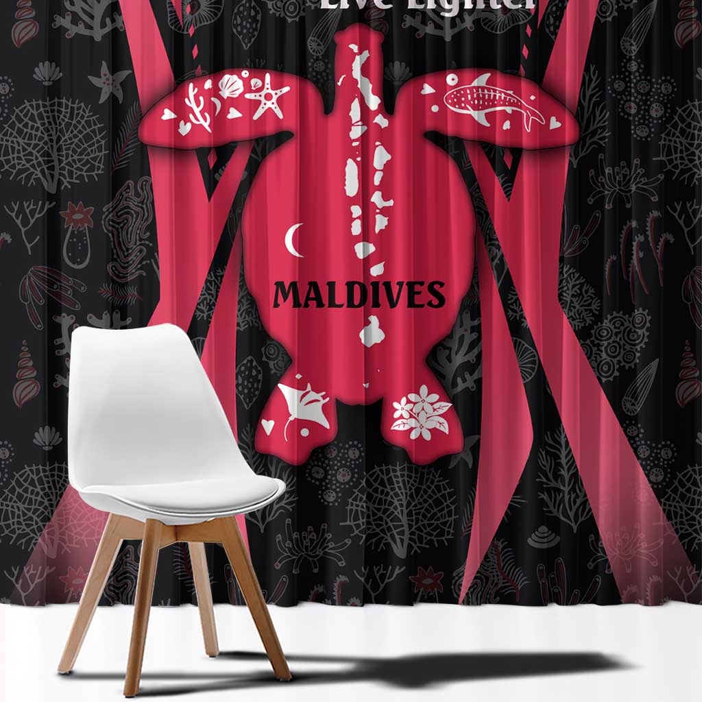 Maldives Dive Turtle Window Curtain with Coral Reef Pattern and Island Spirit Slogan