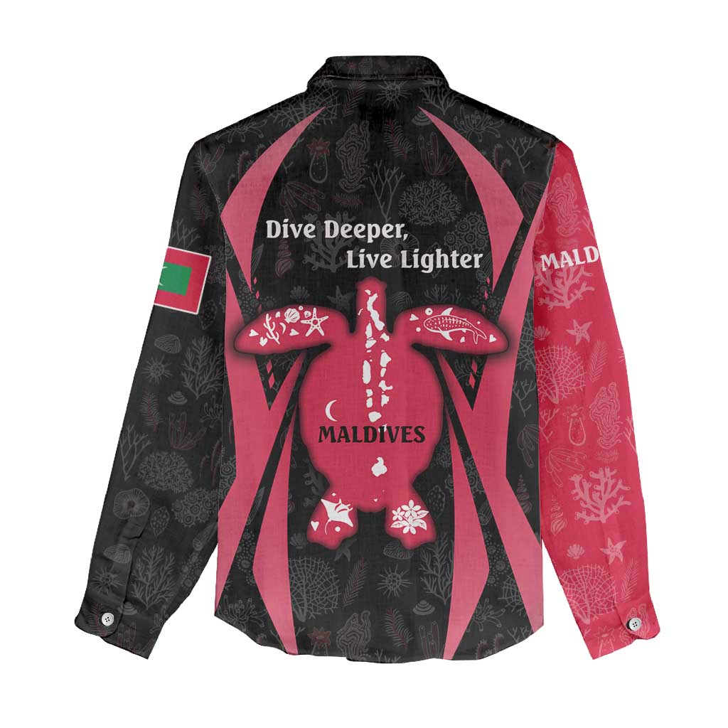 Maldives Dive Turtle Women Casual Shirt with Coral Reef Pattern and Island Spirit Slogan