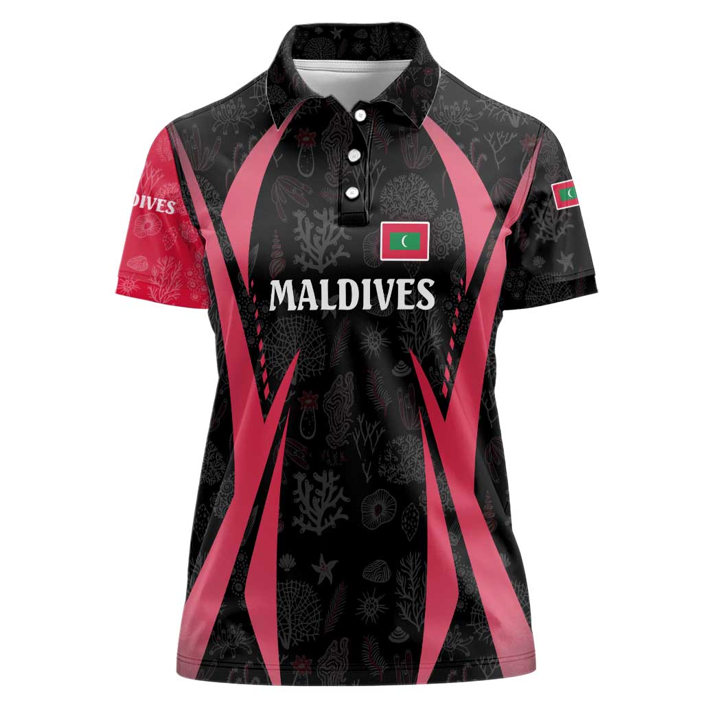 Maldives Dive Turtle Women Polo Shirt with Coral Reef Pattern and Island Spirit Slogan