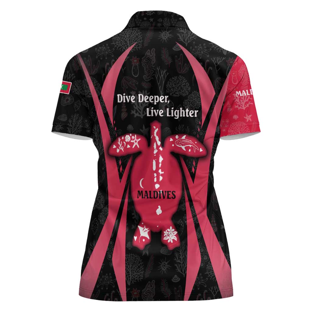 Maldives Dive Turtle Women Polo Shirt with Coral Reef Pattern and Island Spirit Slogan