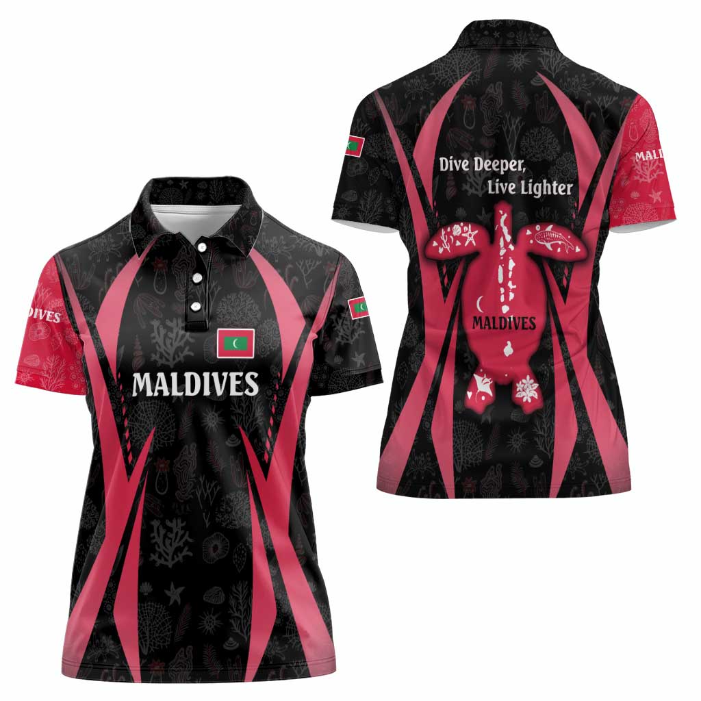 Maldives Dive Turtle Women Polo Shirt with Coral Reef Pattern and Island Spirit Slogan