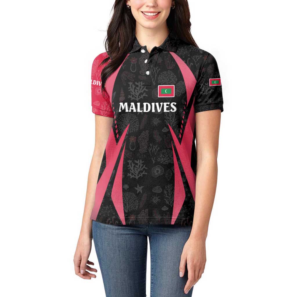 Maldives Dive Turtle Women Polo Shirt with Coral Reef Pattern and Island Spirit Slogan