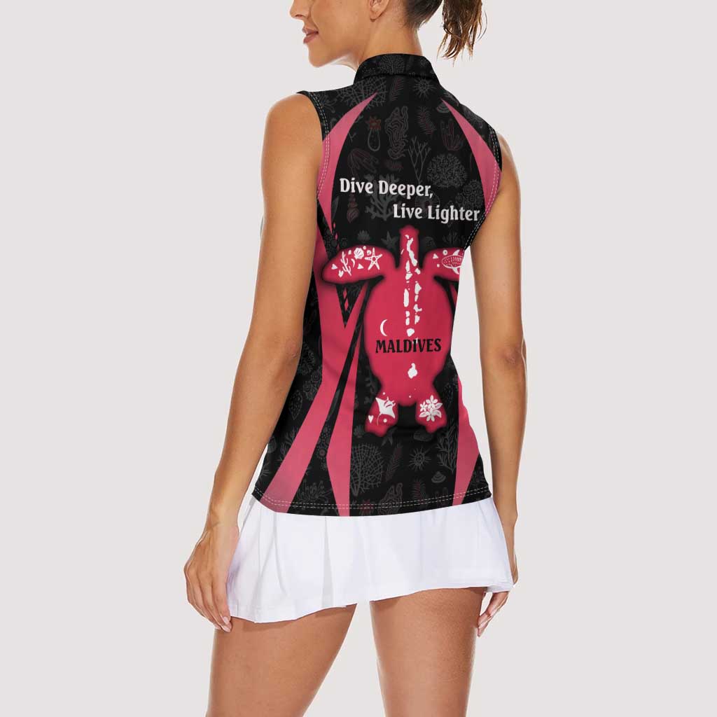 Maldives Dive Turtle Women Sleeveless Polo Shirt with Coral Reef Pattern and Island Spirit Slogan