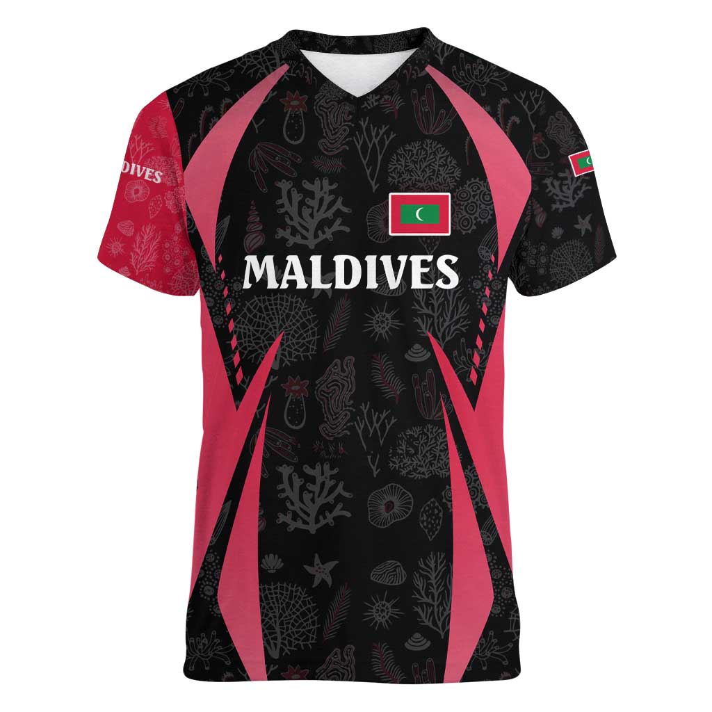 Maldives Dive Turtle Women V-Neck T-Shirt with Coral Reef Pattern and Island Spirit Slogan