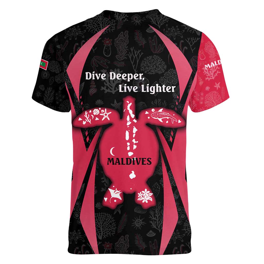 Maldives Dive Turtle Women V-Neck T-Shirt with Coral Reef Pattern and Island Spirit Slogan