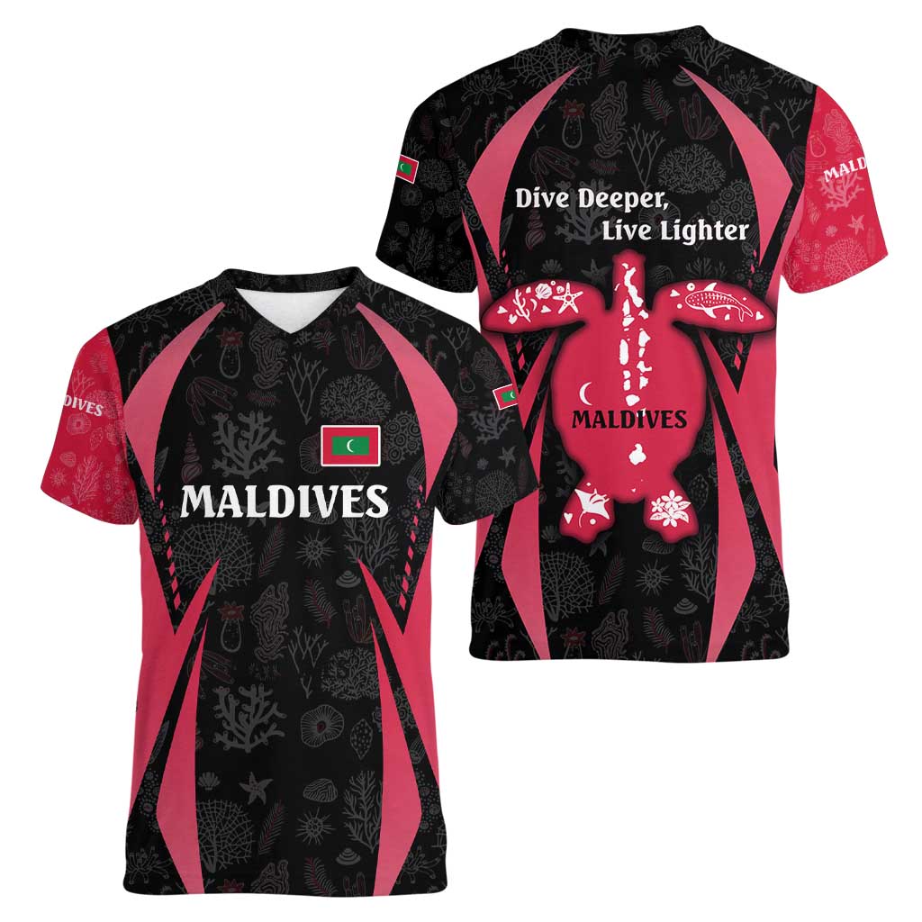 Maldives Dive Turtle Women V-Neck T-Shirt with Coral Reef Pattern and Island Spirit Slogan