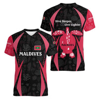 Maldives Dive Turtle Women V-Neck T-Shirt with Coral Reef Pattern and Island Spirit Slogan