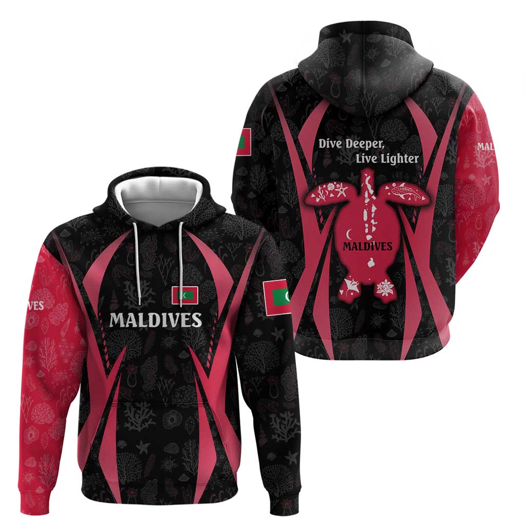 Maldives Dive Turtle Zip Hoodie with Coral Reef Pattern and Island Spirit Slogan