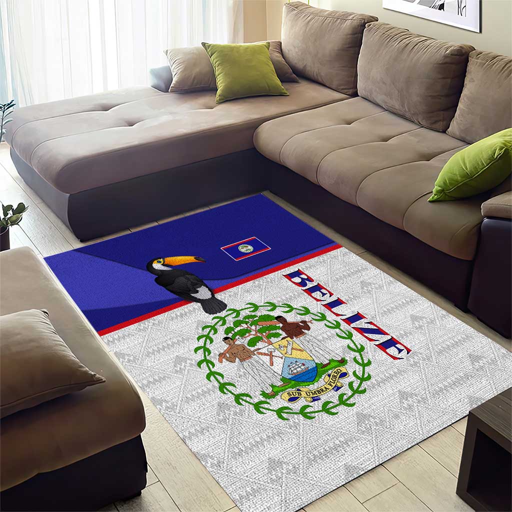 Belize National Emblem Area Rug with Toucan Print and Flag-Inspired Blue Design