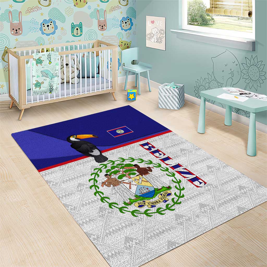 Belize National Emblem Area Rug with Toucan Print and Flag-Inspired Blue Design