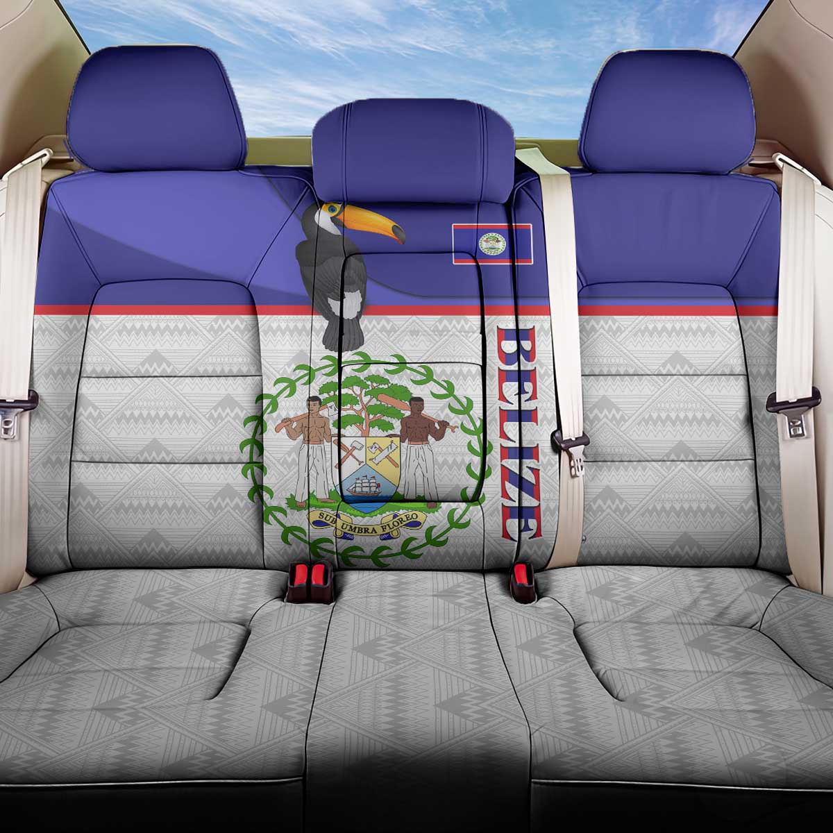 Belize National Emblem Back Car Seat Cover with Toucan Print and Flag-Inspired Blue Design