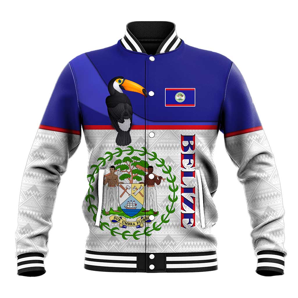 Belize National Emblem Baseball Jacket with Toucan Print and Flag-Inspired Blue Design
