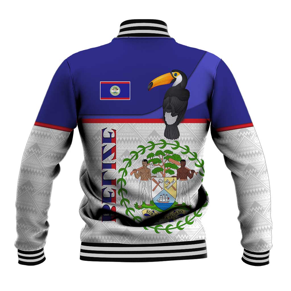 Belize National Emblem Baseball Jacket with Toucan Print and Flag-Inspired Blue Design