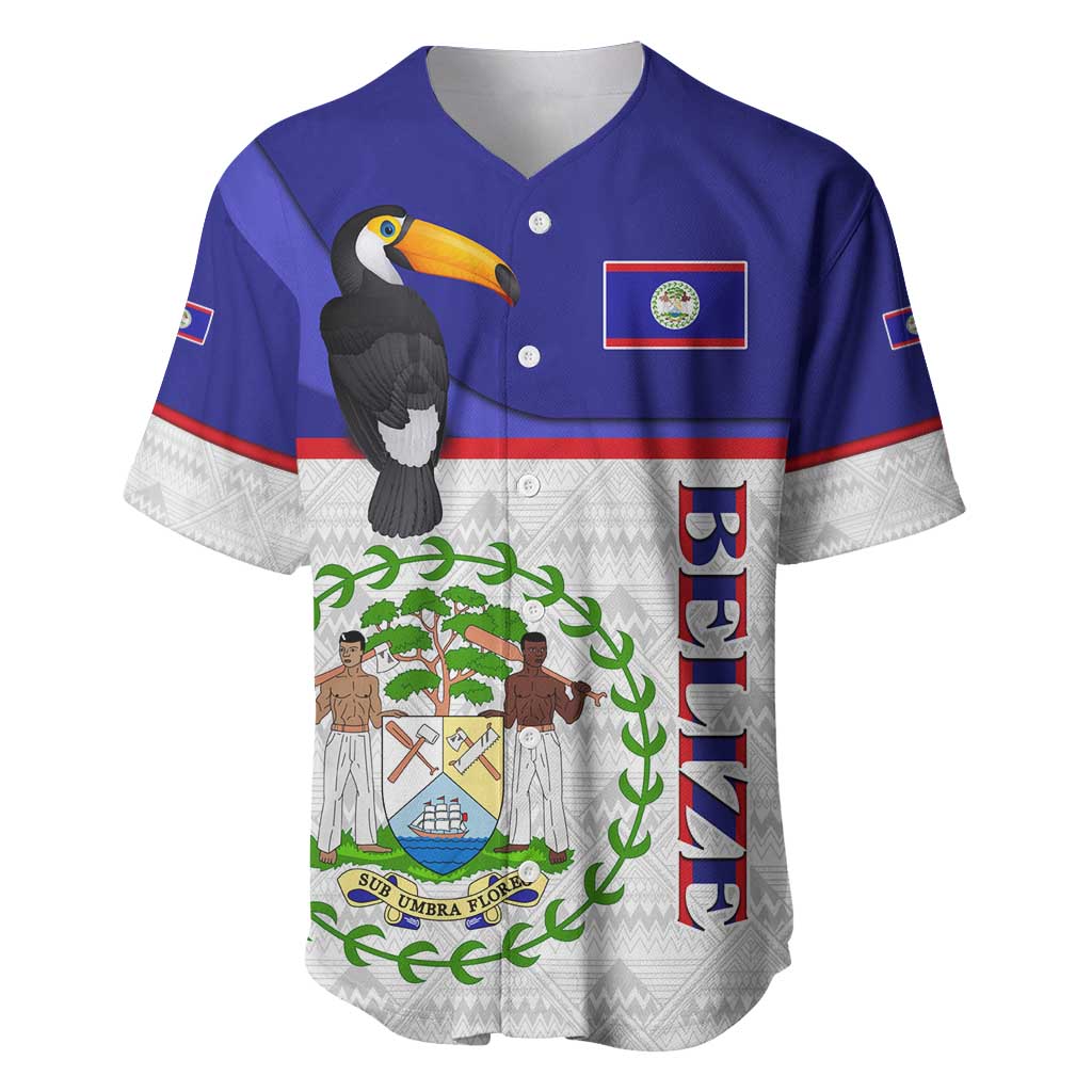 Belize National Emblem Baseball Jersey with Toucan Print and Flag-Inspired Blue Design