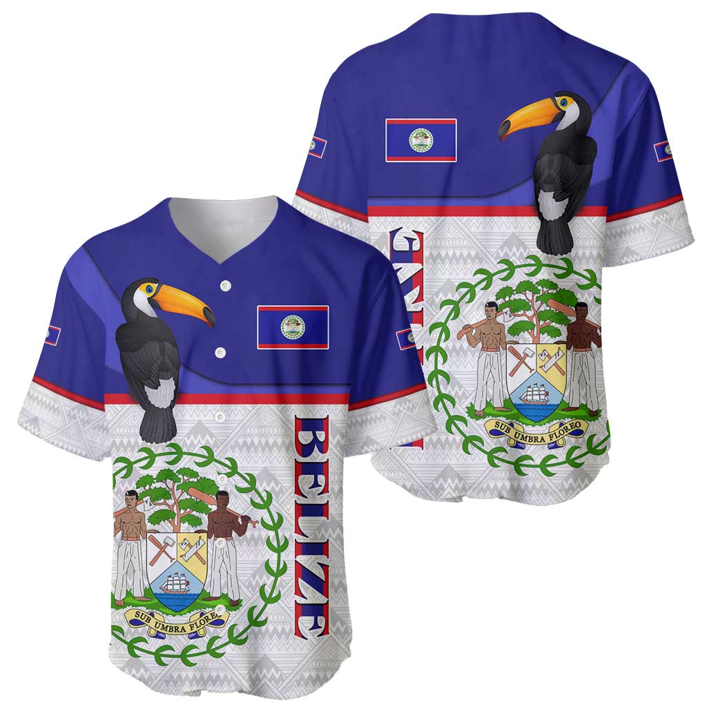 Belize National Emblem Baseball Jersey with Toucan Print and Flag-Inspired Blue Design