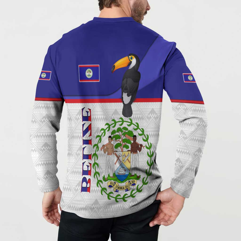 Belize National Emblem Button Sweatshirt with Toucan Print and Flag-Inspired Blue Design
